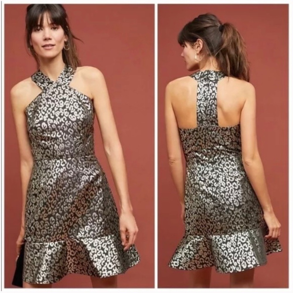 Anthropologie Hutch Twiggy Metallic Halter Dress Size 8 Flounce Hem